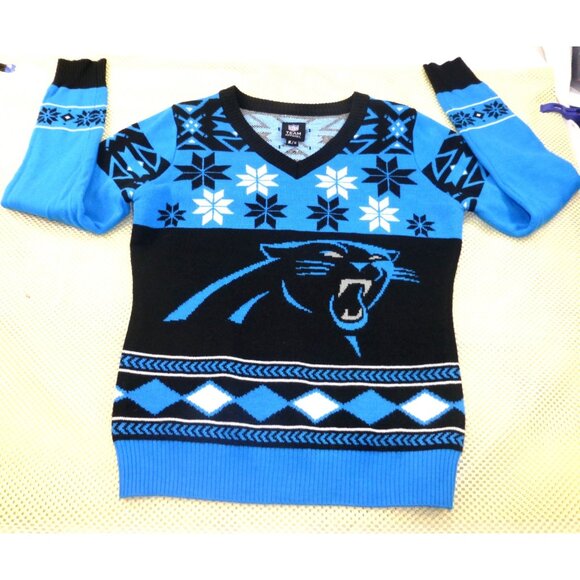 NFL Team Apparel Sweaters - Carolina Panthers NFL Team Apparel Ugly Christmas Sweater Med V-Neck Black & Blu